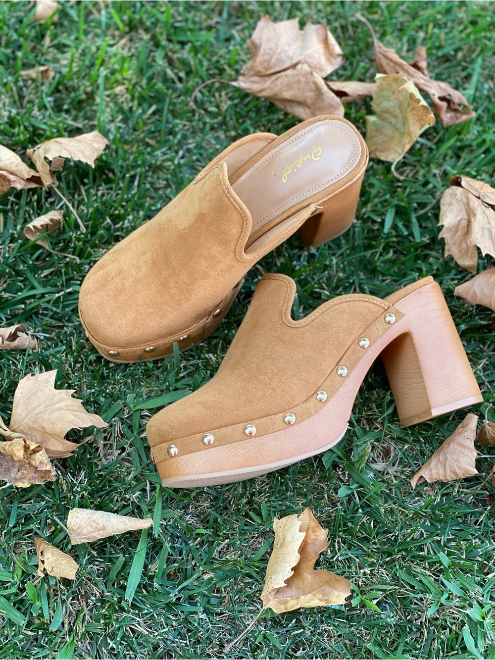 Suede Studded Platform Mule Heels - Tan
